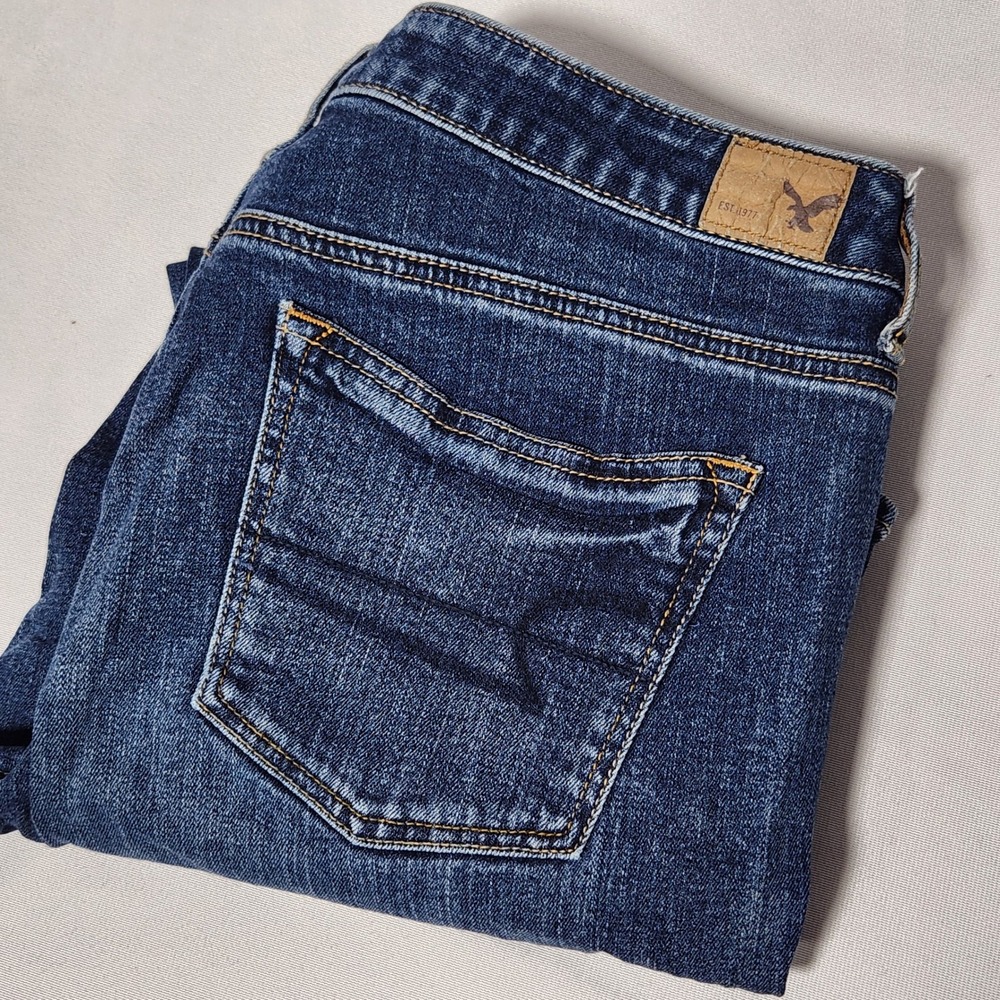 American Eagle Boy Crop Stretch Jeans Womens 10‎ Dark Wash Blue Button Fly Denim